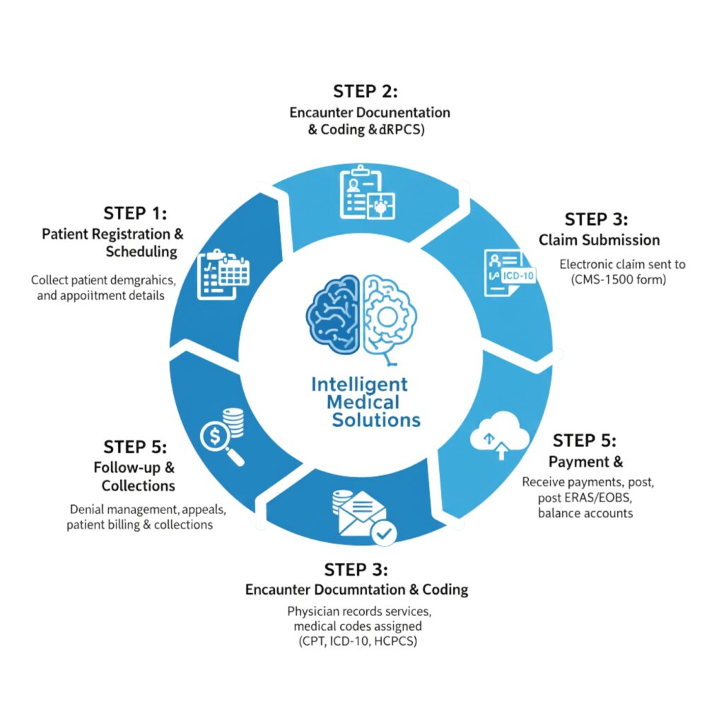 Infographic of the 5-step medical billing process at Intelligent Medical Solutions