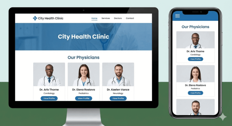 Medical website design for Johannesburg healthcare practice showing mobile-responsive layout with doctor profiles