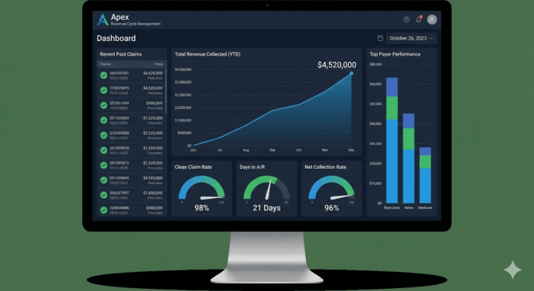 Medical billing software dashboard showing efficient revenue tracking for a doctor in Cape Town