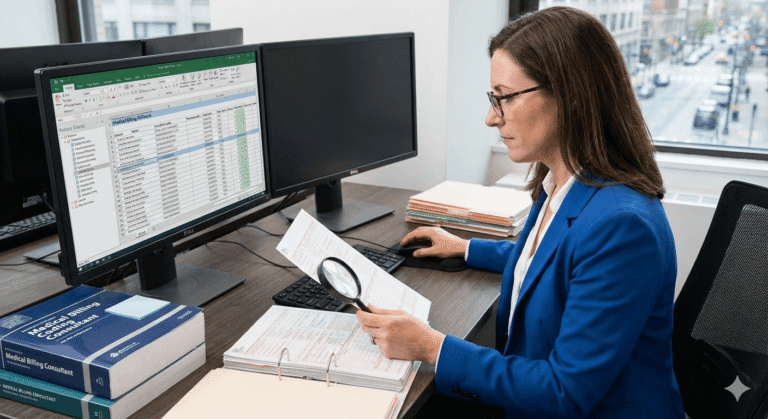 Professional medical billing consultant reviewing claims for a South African private practice